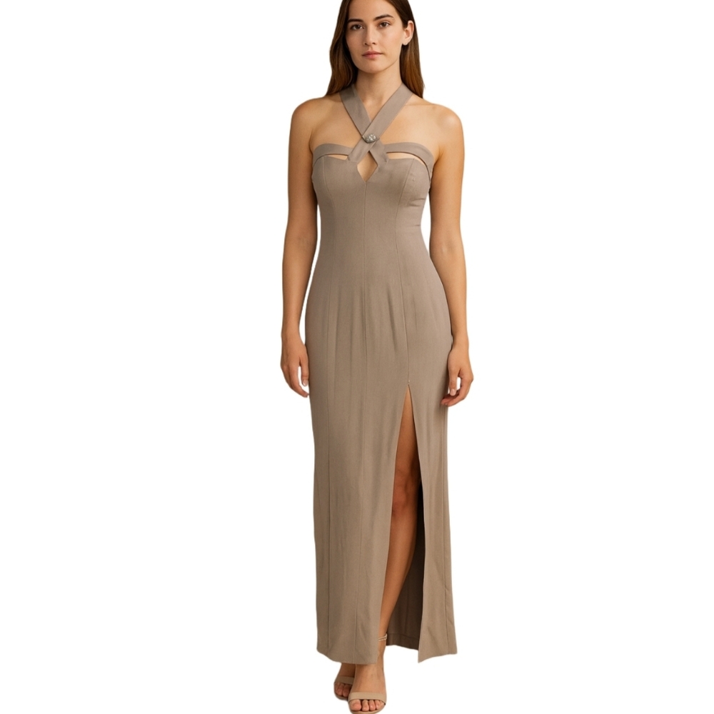 Dominique 70s Vintage Maxi Taupe Elegant Dress Size Small
